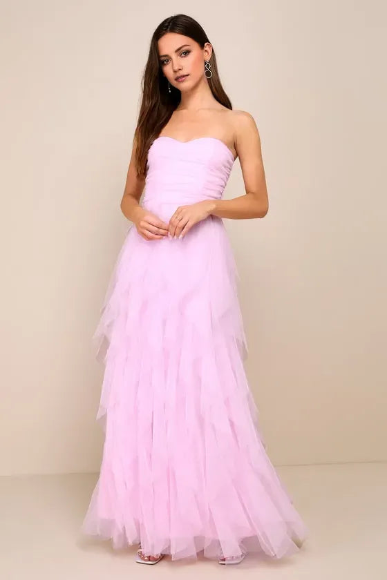 Charming Pink A-Line Strapless Sleeveless Back Zip Back Floor-Length Ruched Tulle Tiered Prom Dress