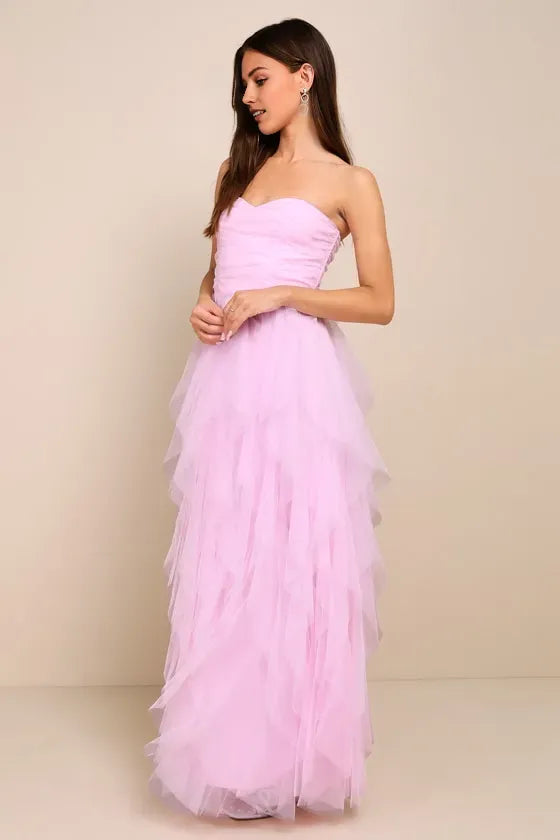 Charming Pink A-Line Strapless Sleeveless Back Zip Back Floor-Length Ruched Tulle Tiered Prom Dress