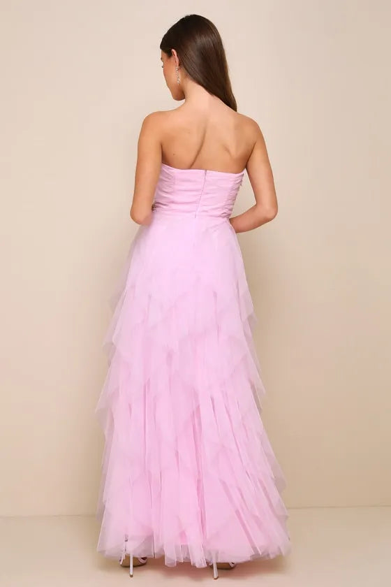 Charming Pink A-Line Strapless Sleeveless Back Zip Back Floor-Length Ruched Tulle Tiered Prom Dress