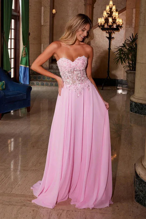 Charming Pink A-Line Sweetheart Neck Sleeveless Appliques Lace Up Floor-Length Prom Dress Appliques