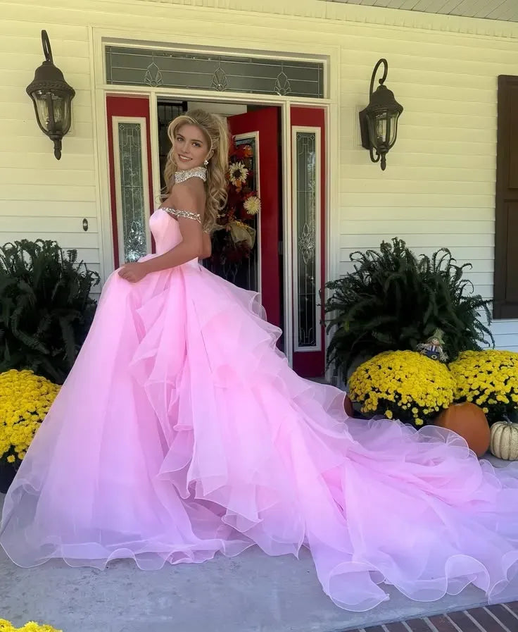 Charming Pink A Line Off the Shoulder Sleeveless Tiered Ruffle Tulle Sweep/Brush Train Prom Dresses with Beading