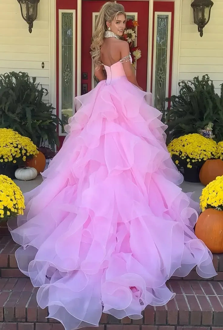 Charming Pink A Line Off the Shoulder Sleeveless Tiered Ruffle Tulle Sweep/Brush Train Prom Dresses with Beading