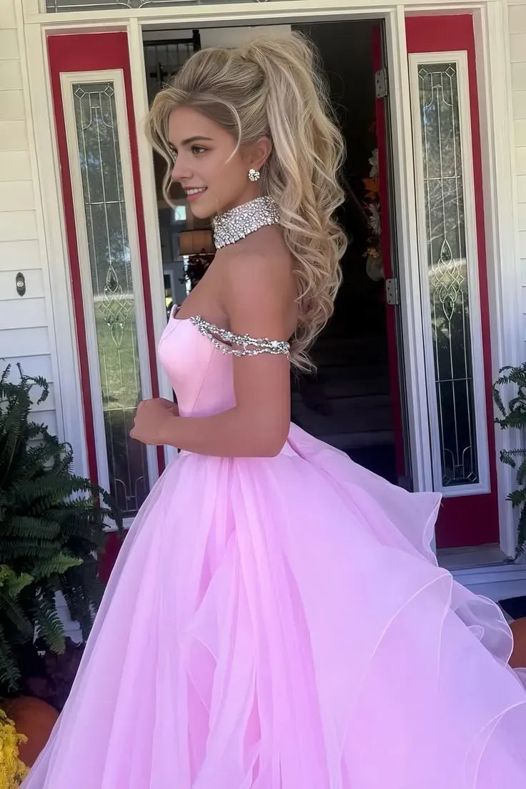 Charming Pink A Line Off the Shoulder Sleeveless Tiered Ruffle Tulle Sweep/Brush Train Prom Dresses with Beading