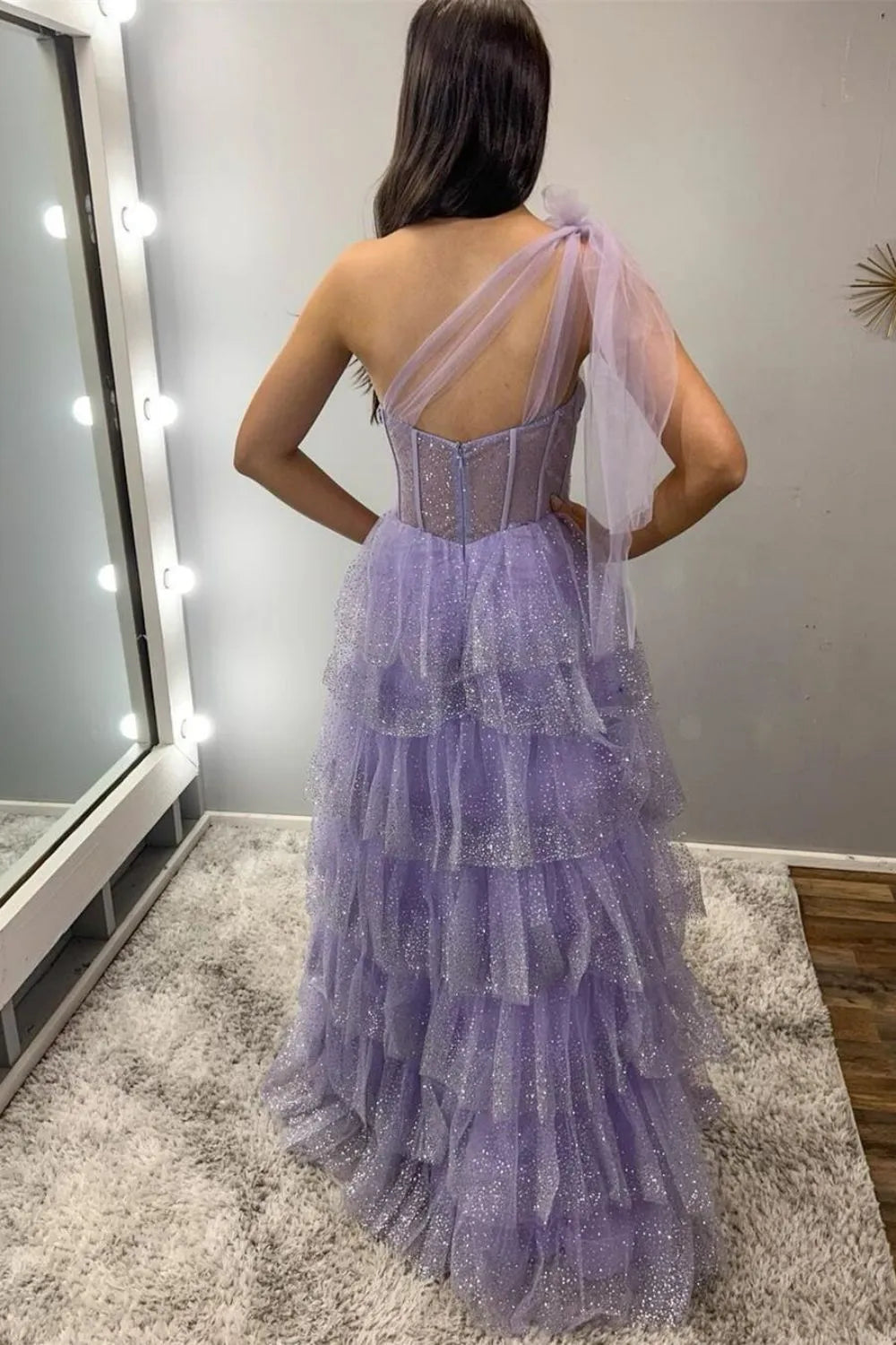 Charming Purple A-Line One-Shoulder Sleeveless Back Zip Glitter Tiered Tulle Floor-Length Prom Dress with Ruffles