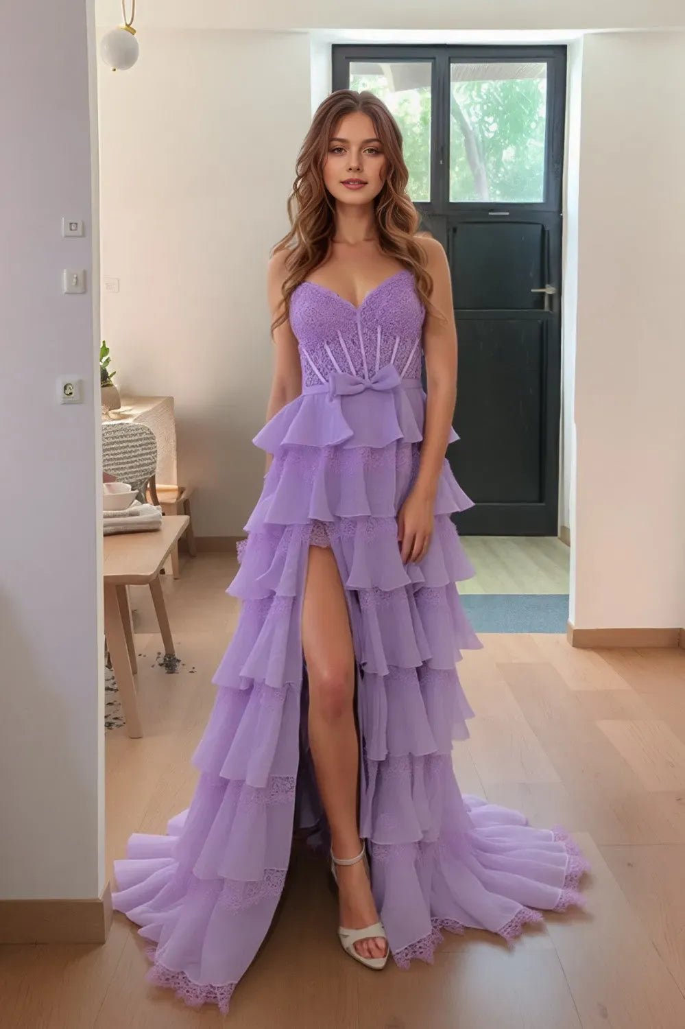 Charming Purple A line Sweetheart Neck Sleeveless Tiered Ruffled Floor-Length Prom Dress With Slit