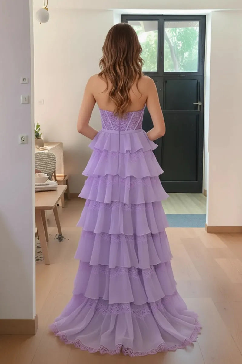 Charming Purple A line Sweetheart Neck Sleeveless Tiered Ruffled Floor-Length Prom Dress With Slit