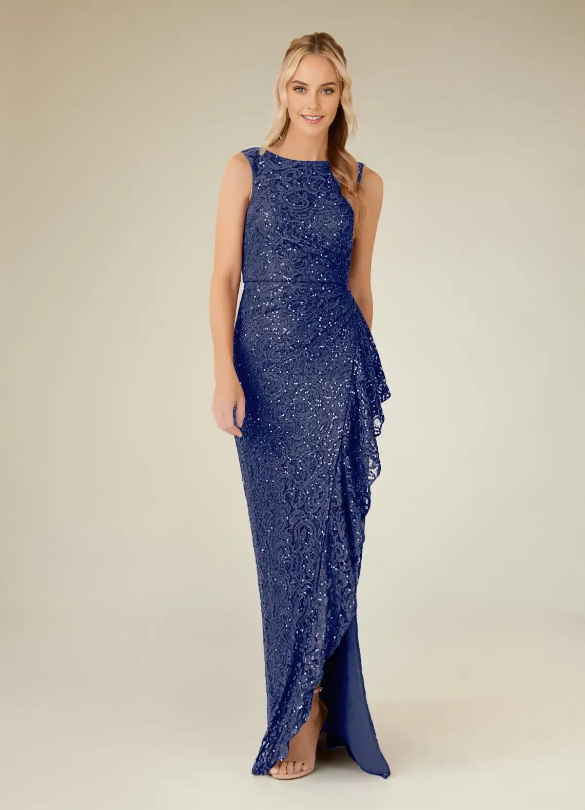 Charming Sheath Boat-Neck Sleeveless Sequin Lace Ruffled Overlay Back Zip Side Leg Slit  Floor-Length Mother of the Bride Dress