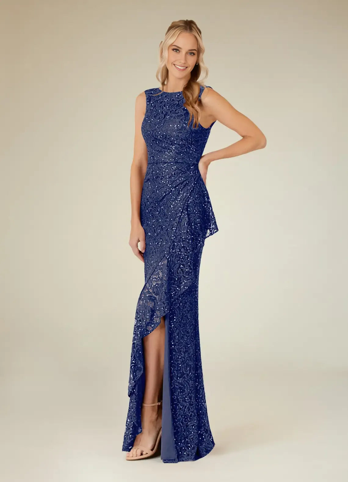 Charming Sheath Boat-Neck Sleeveless Sequin Lace Ruffled Overlay Back Zip Side Leg Slit  Floor-Length Mother of the Bride Dress