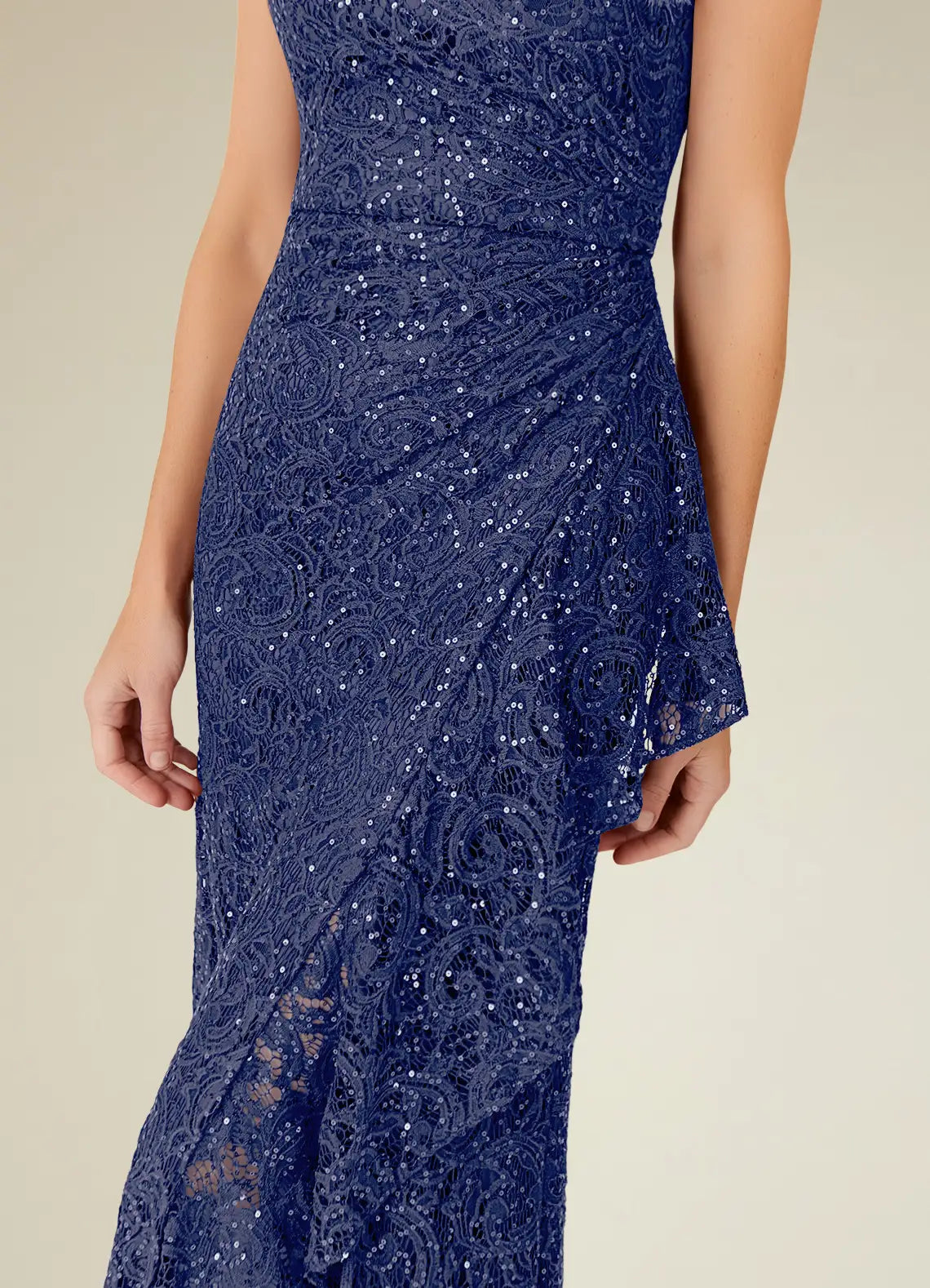 Charming Sheath Boat-Neck Sleeveless Sequin Lace Ruffled Overlay Back Zip Side Leg Slit  Floor-Length Mother of the Bride Dress