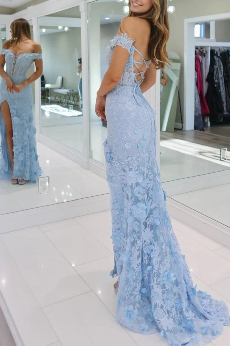 Charming Sky Blue Mermaid Off-Shoulder Sleeveless 3D Floral Lace Lace-Up Sweep Train High-Slit Prom Dress With Split