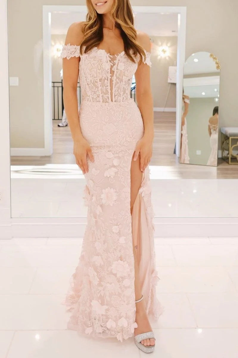 Charming Sky Blue Mermaid Off-Shoulder Sleeveless 3D Floral Lace Lace-Up Sweep Train High-Slit Prom Dress With Split