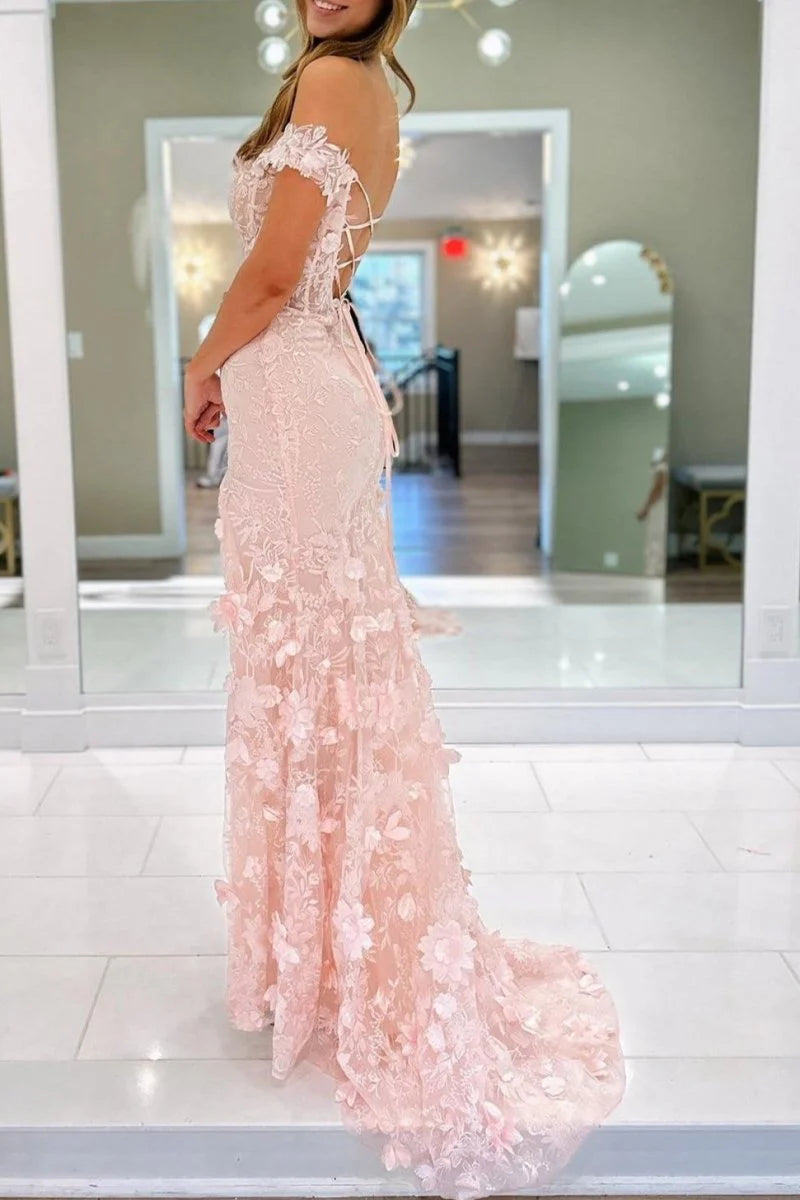 Charming Sky Blue Mermaid Off-Shoulder Sleeveless 3D Floral Lace Lace-Up Sweep Train High-Slit Prom Dress With Split