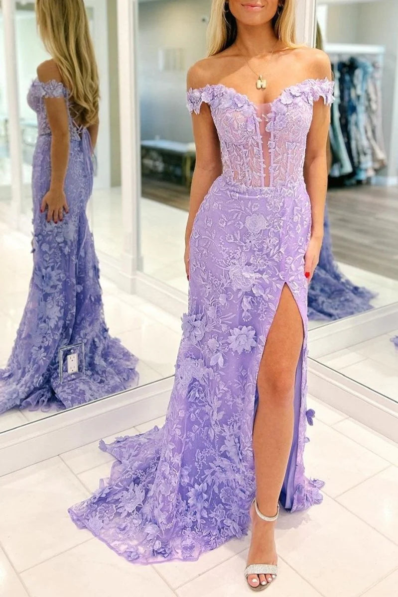 Charming Sky Blue Mermaid Off-Shoulder Sleeveless 3D Floral Lace Lace-Up Sweep Train High-Slit Prom Dress With Split