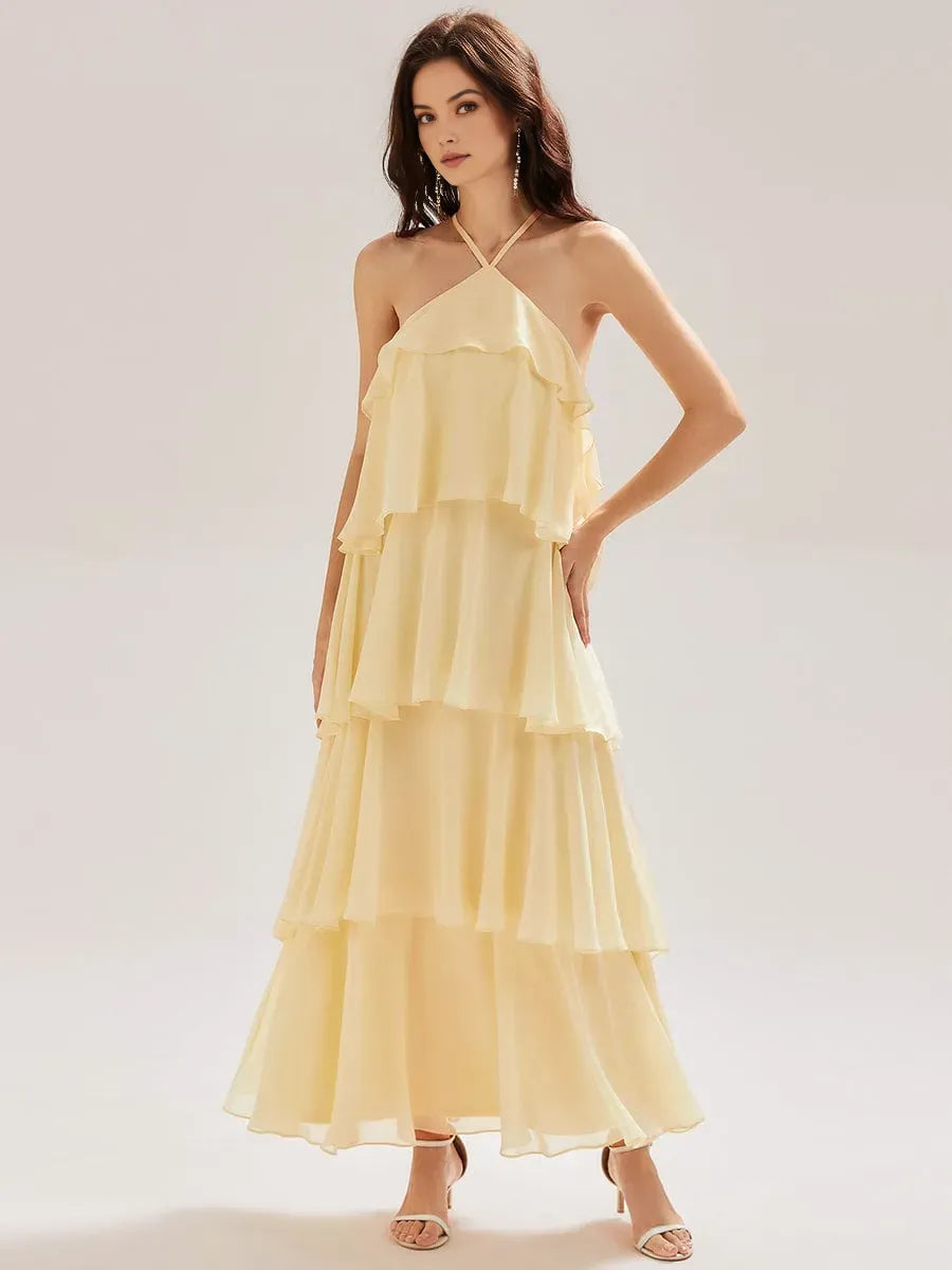 Charming Yellow A-Line Halter Neck Sleeveless Tiered Ruffled Crisscross Back Chiffon Floor-Length Prom Dresses