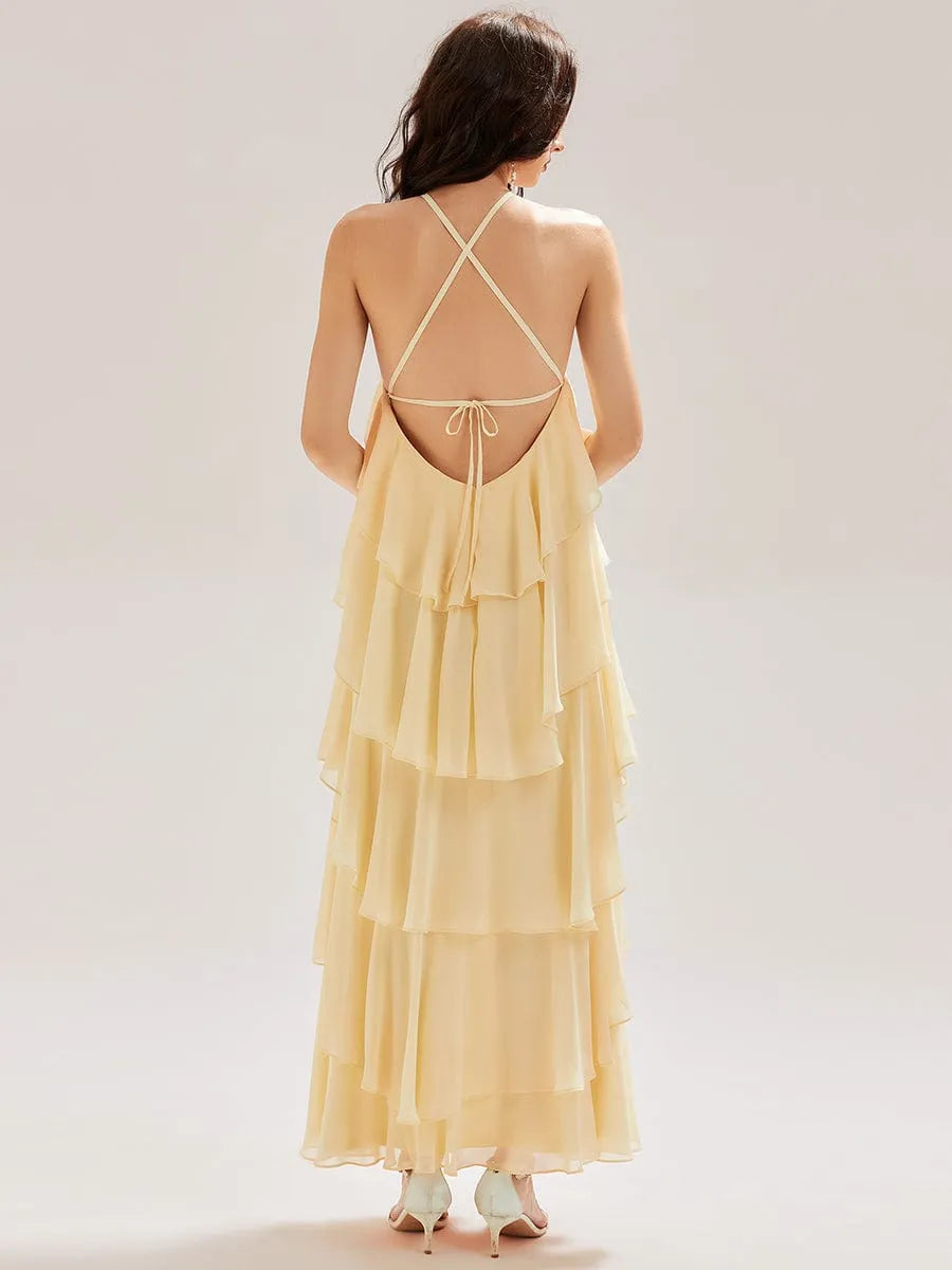 Charming Yellow A-Line Halter Neck Sleeveless Tiered Ruffled Crisscross Back Chiffon Floor-Length Prom Dresses