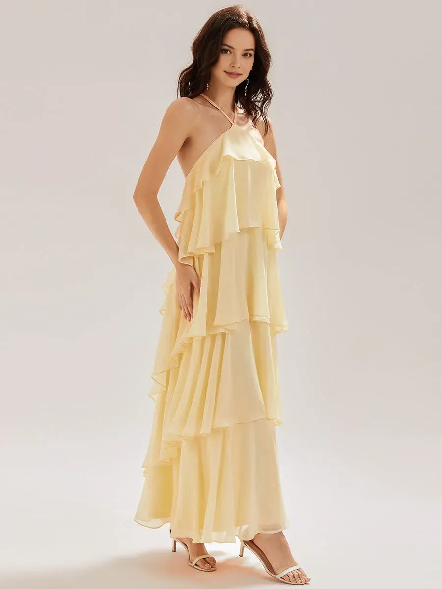 Charming Yellow A-Line Halter Neck Sleeveless Tiered Ruffled Crisscross Back Chiffon Floor-Length Prom Dresses