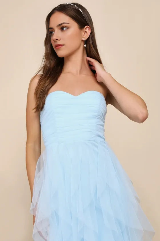 Charming Blue A-Line Strapless Sleeveless Back Zip Floor-Length Ruched Tiered Tulle Prom Dresses