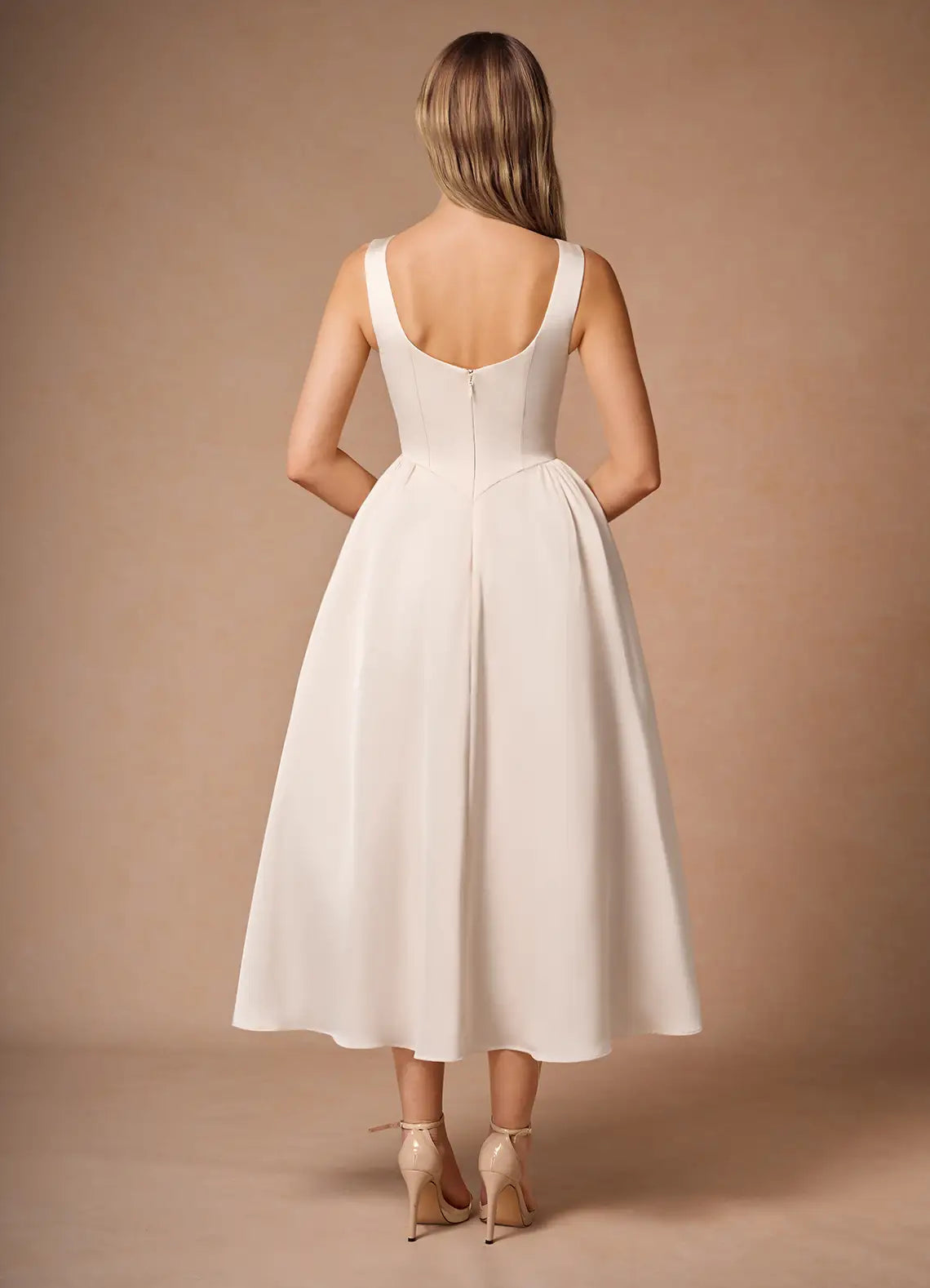 Chic A-Line Crew Neck Sleeveless Square Back Midi-Length Prom Dresses