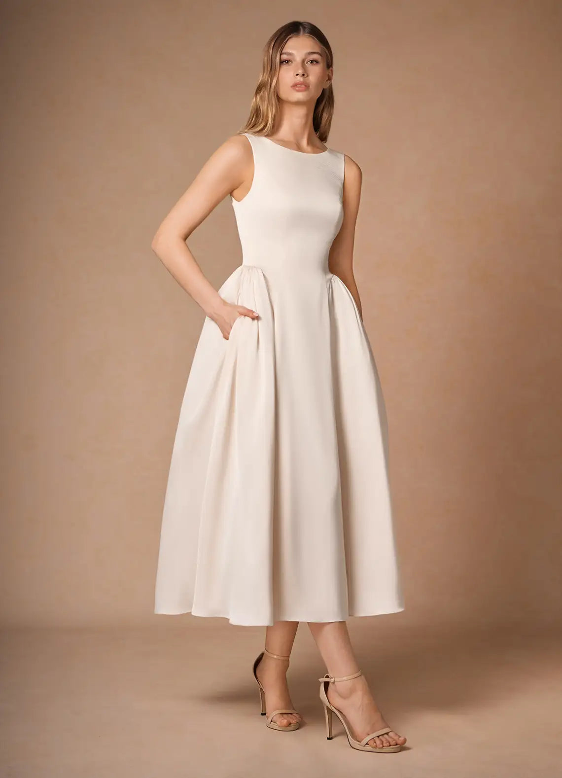 Chic A-Line Crew Neck Sleeveless Square Back Midi-Length Prom Dresses