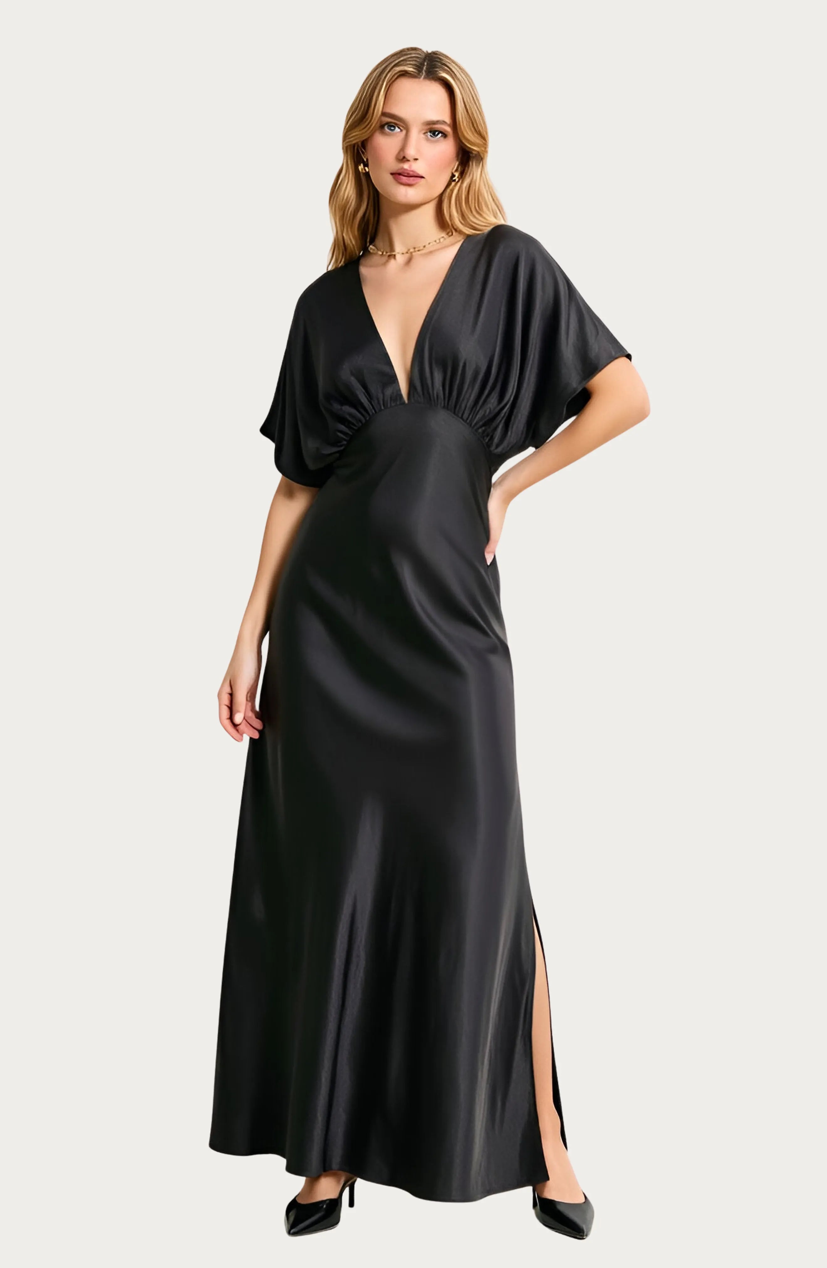 Chic A-Line Deep-V Short-Sleeve Ruched-Bodice Floor-Length Formal Prom Dresses
