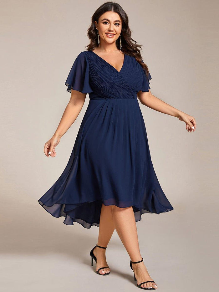 Chic A-Line Deep V Flutter Sleeve V-Back High-Low Chiffon Plus Size Dresses