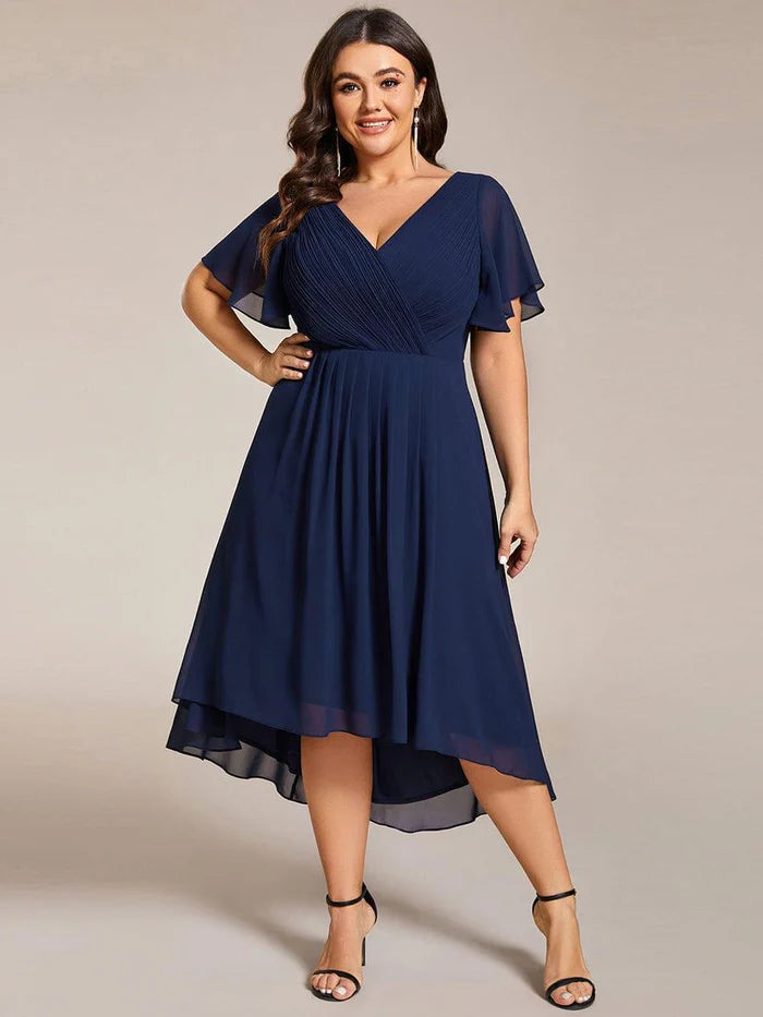 Chic A-Line Deep V Flutter Sleeve V-Back High-Low Chiffon Plus Size Dresses