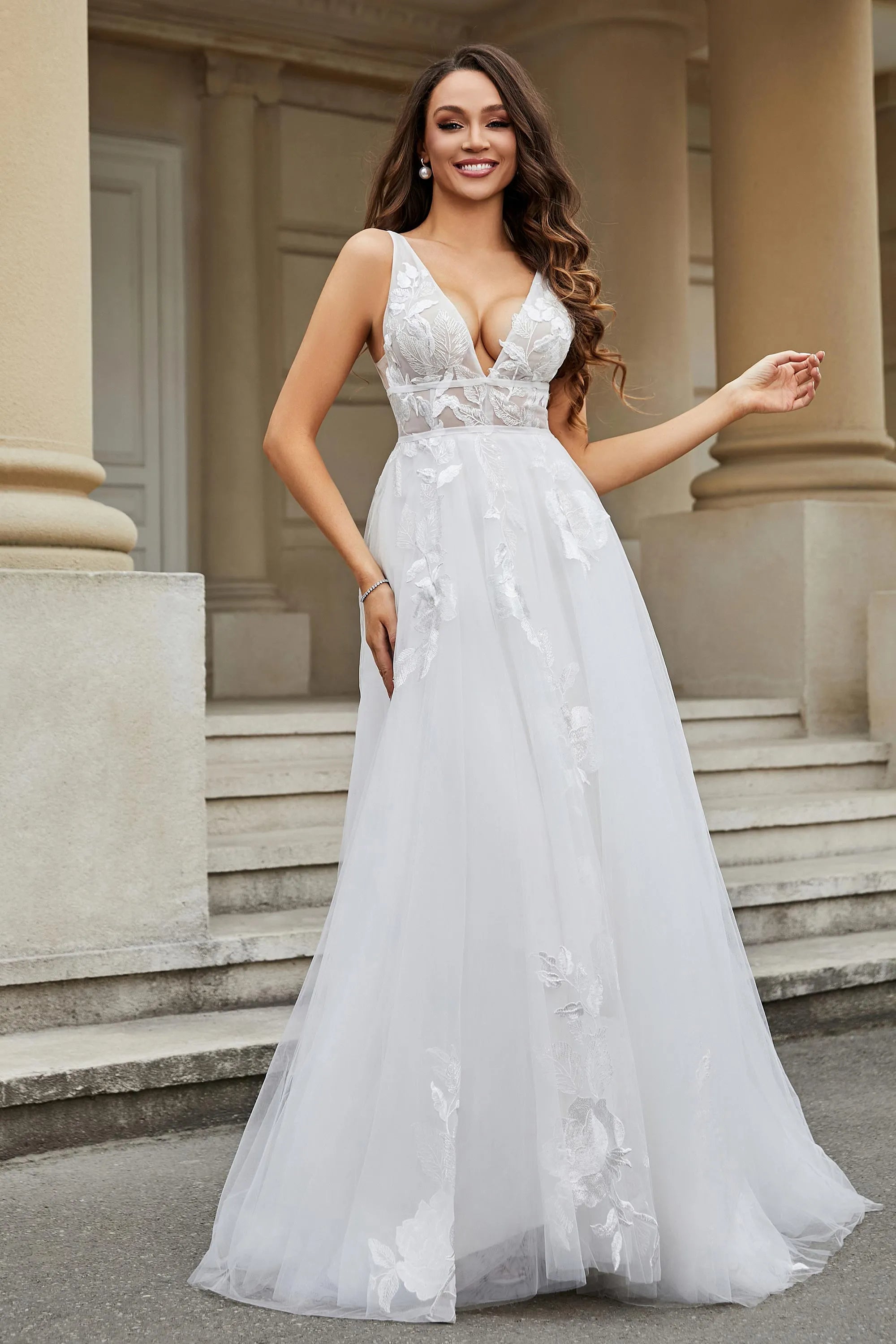 Chic A-Line Deep V Neck Sleeveless Lace Up Back Floor-Length Wedding Dresses