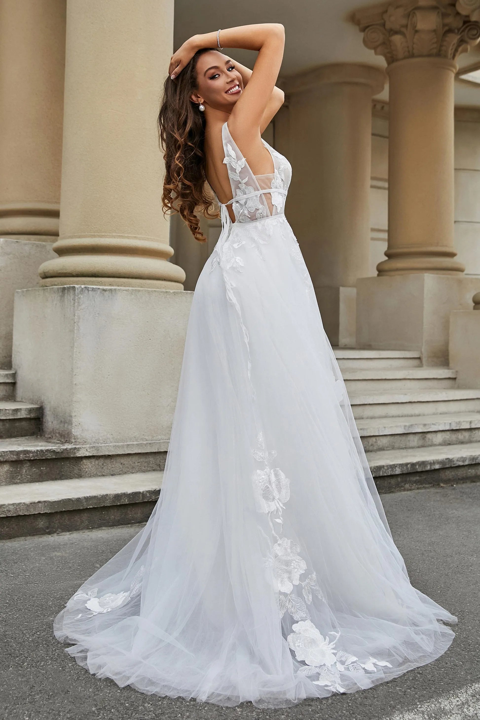 Chic A-Line Deep V Neck Sleeveless Lace Up Back Floor-Length Wedding Dresses