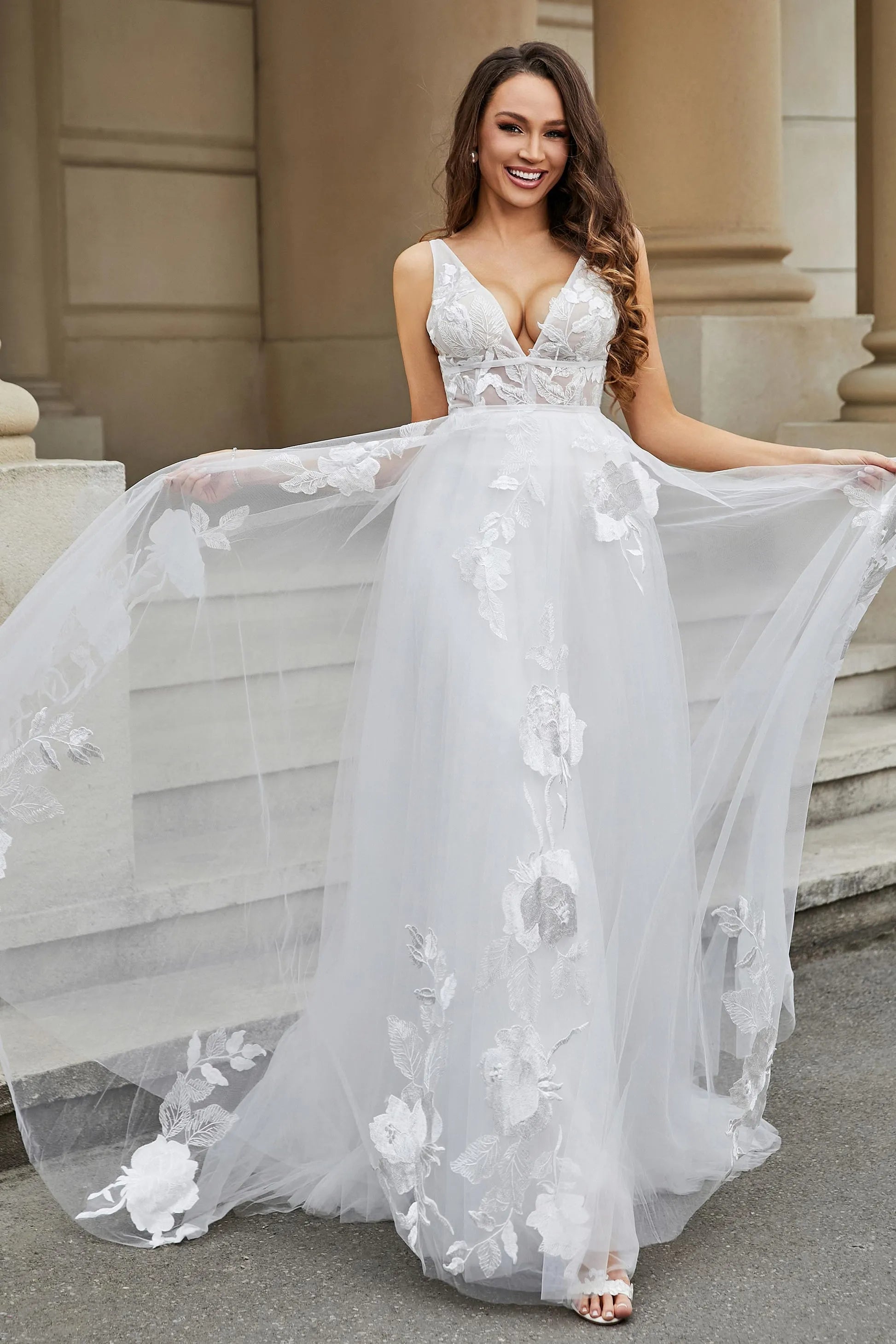 Chic A-Line Deep V Neck Sleeveless Lace Up Back Floor-Length Wedding Dresses