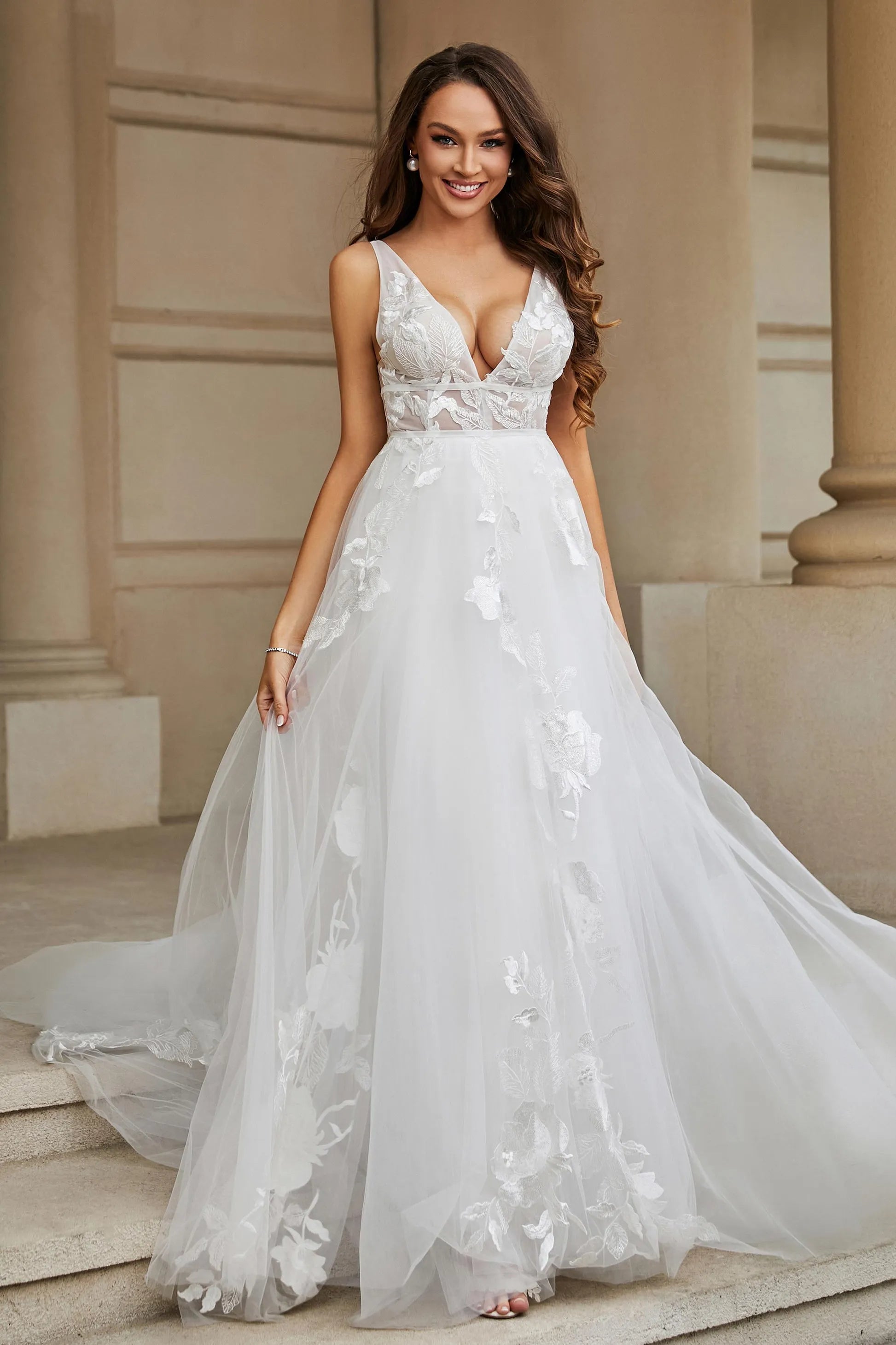 Chic A-Line Deep V Neck Sleeveless Lace Up Back Floor-Length Wedding Dresses
