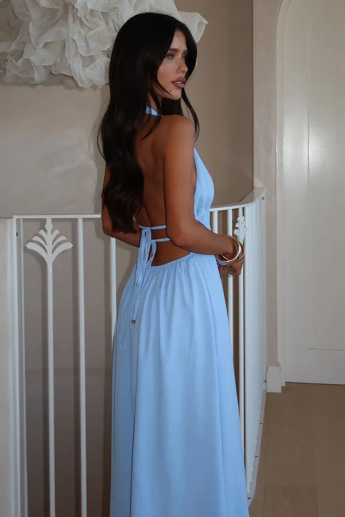 Chic A-Line Halter Sleeveless Cut-Out Back Floor-Length Formal Prom Dresses