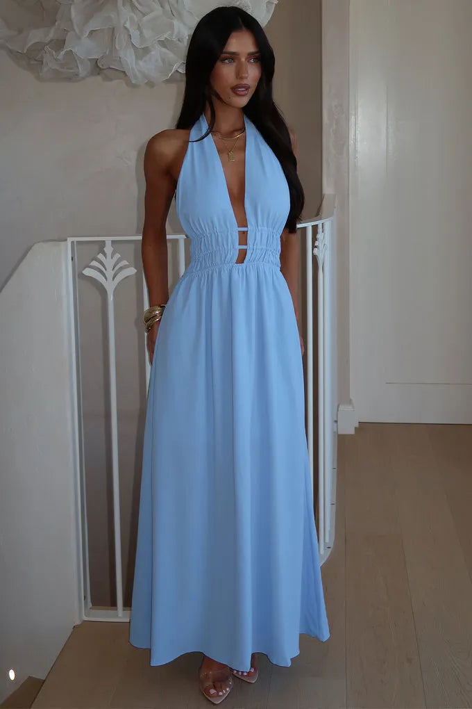 Chic A-Line Halter Sleeveless Cut-Out Back Floor-Length Formal Prom Dresses