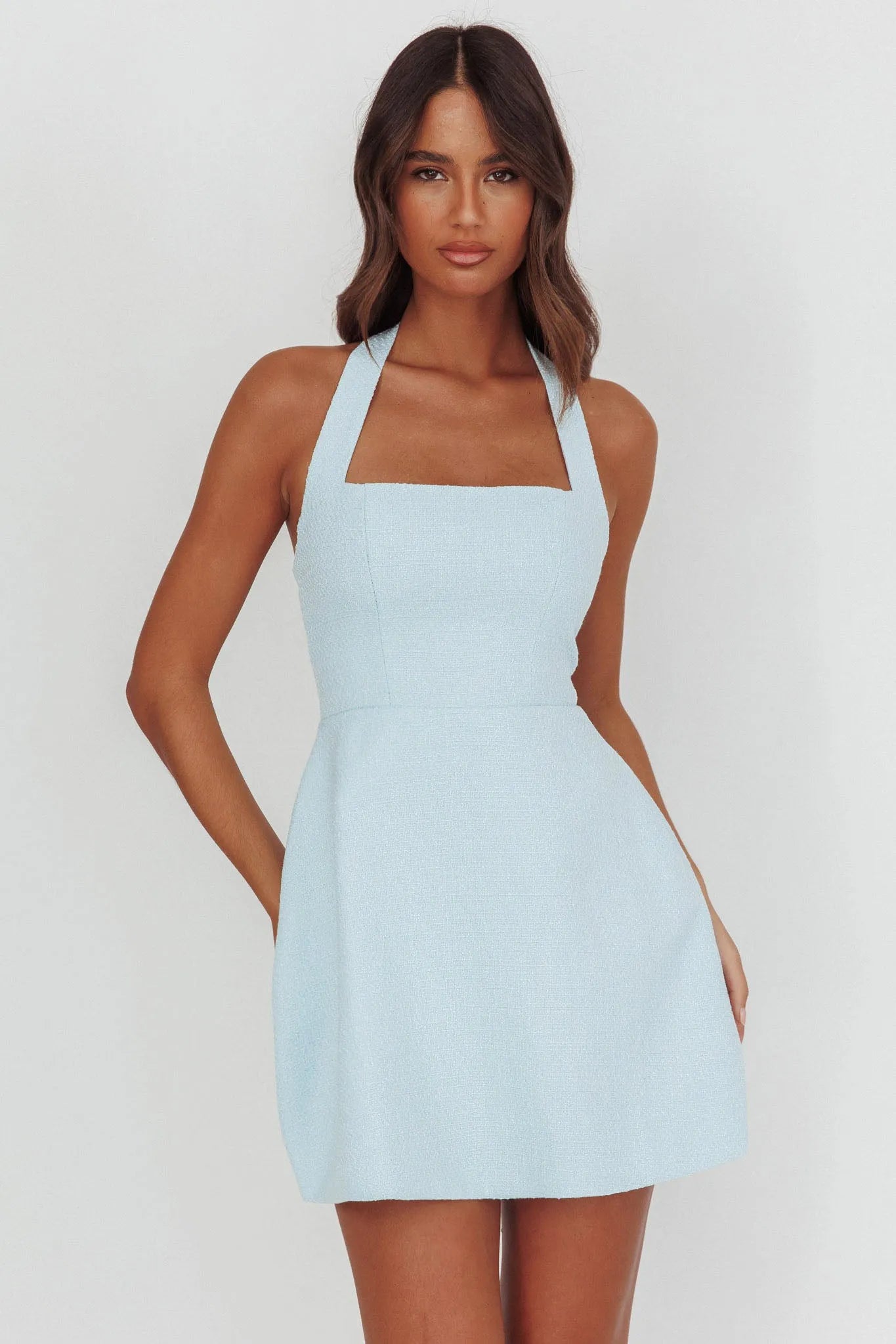 Chic A-Line Square Neck Halter Zip-Back Mini Homecoming Dresses