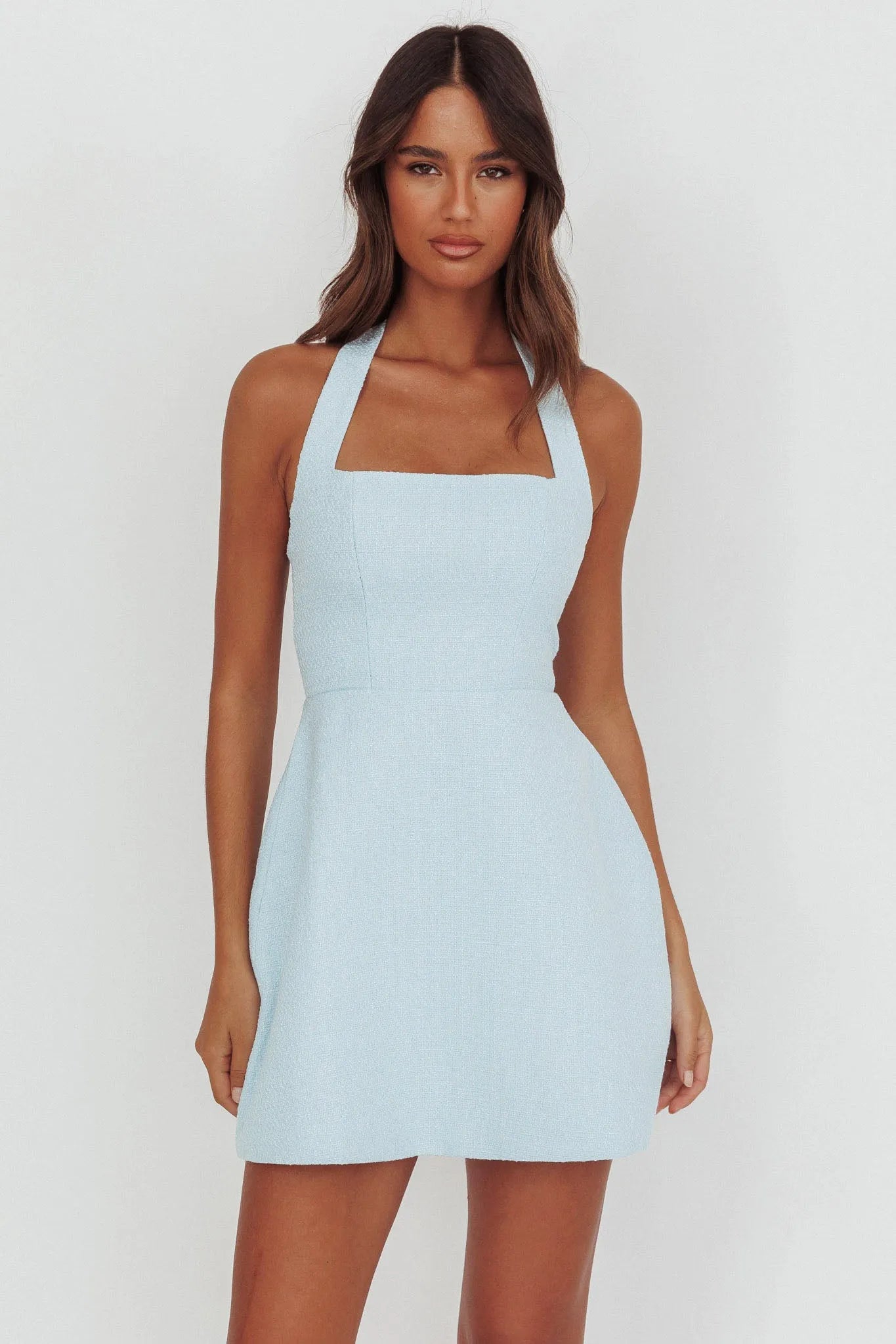 Chic A-Line Square Neck Halter Zip-Back Mini Homecoming Dresses