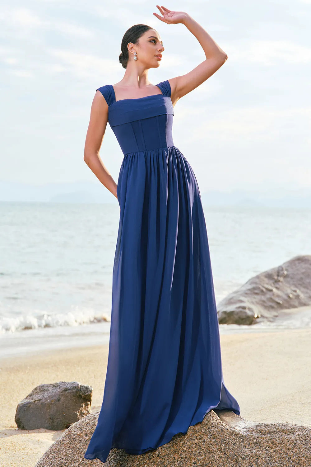 Chic A-Line Square Neck Ruched-Sleeve Lace-Up Back Long Bridesmaid Dresses