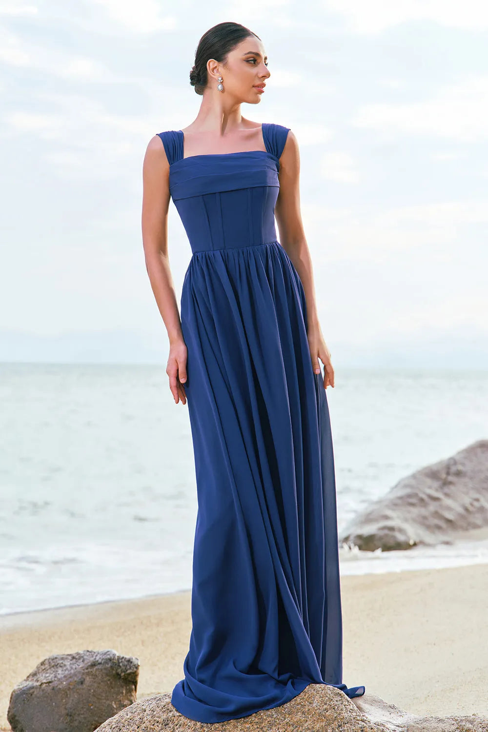 Chic A-Line Square Neck Ruched-Sleeve Lace-Up Back Long Bridesmaid Dresses