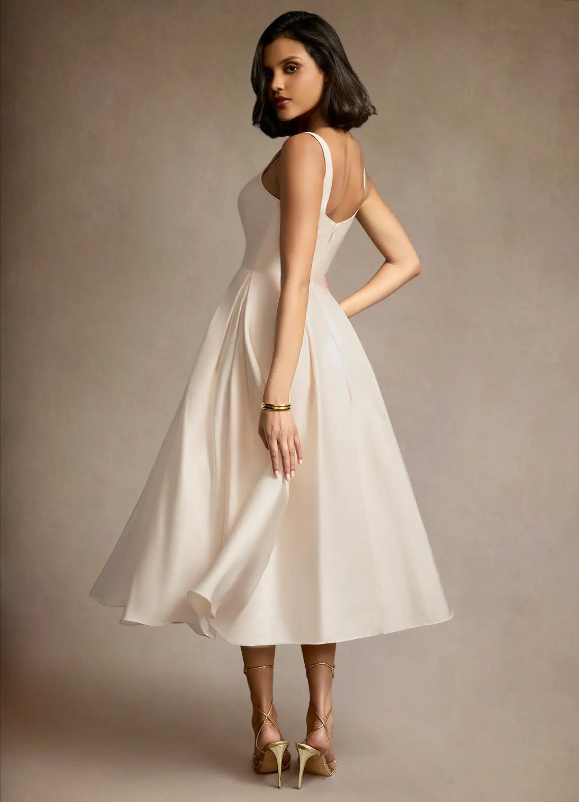 Chic A-Line Square Neck Sleeveless V-Back Midi-Length Prom Dresses