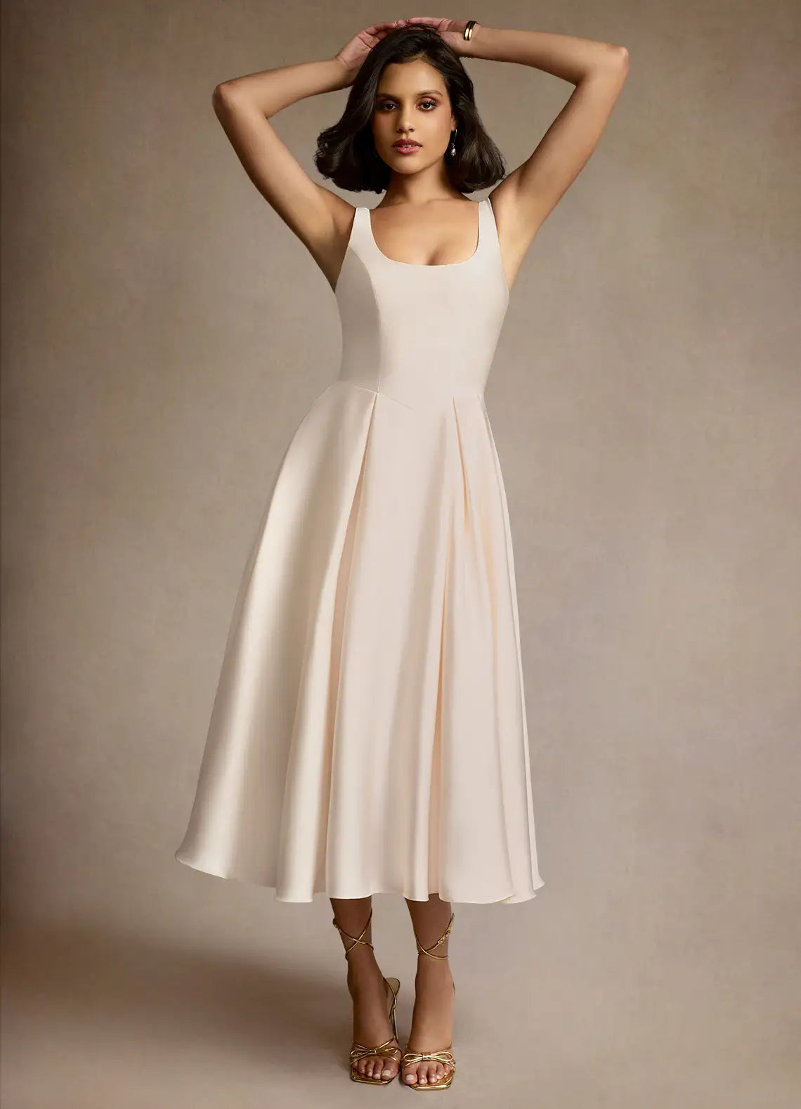 Chic A-Line Square Neck Sleeveless V-Back Midi-Length Prom Dresses