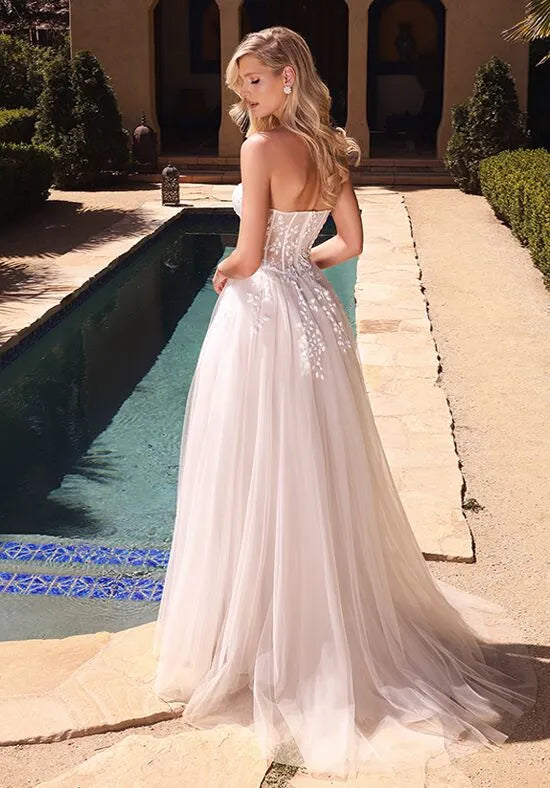 Chic A-Line Strapless Lace Slit Back Train Tulle Wedding Dresses with Slit