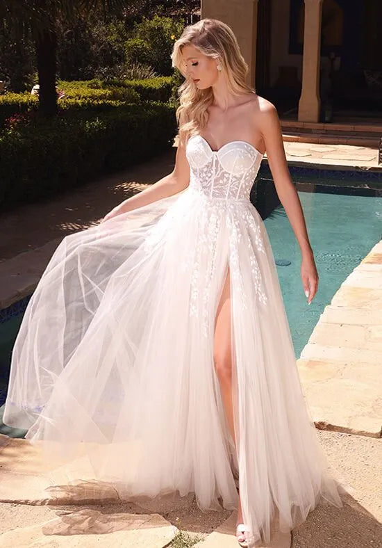 Chic A-Line Strapless Lace Slit Back Train Tulle Wedding Dresses with Slit