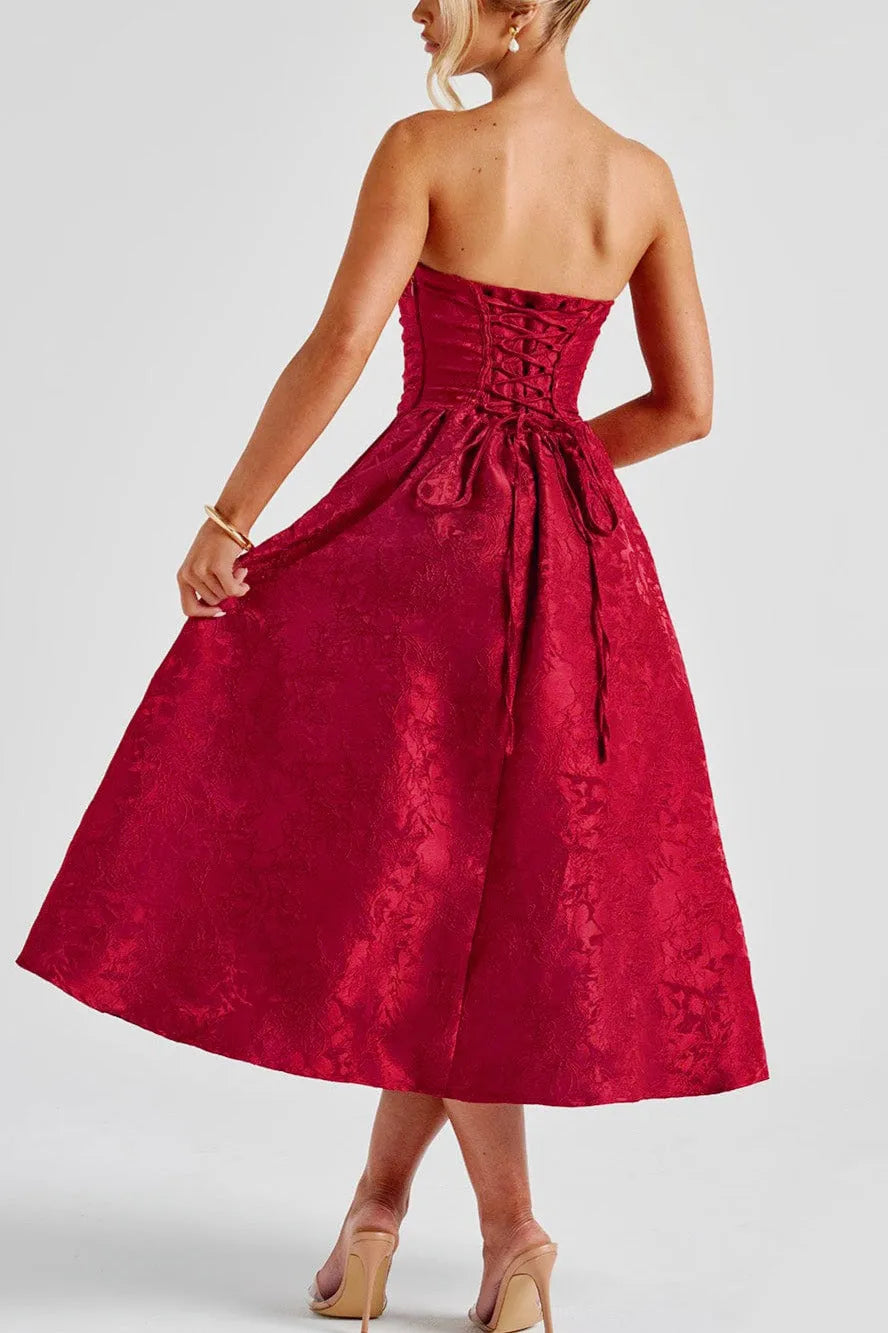 Chic A-Line Strapless Sleeveless Lace-Up Back Midi-Length Formal Party Dresses