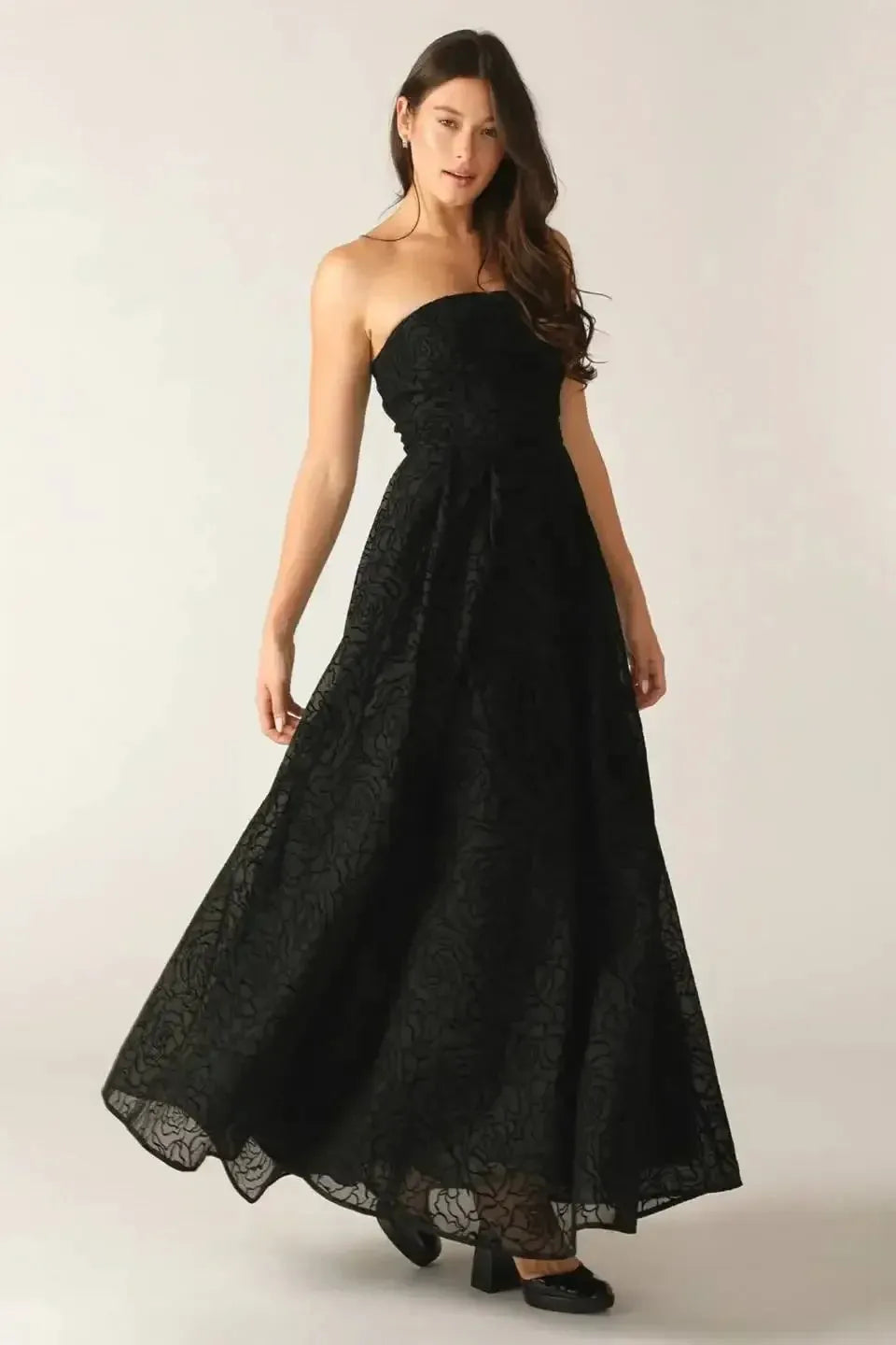 Chic A-Line Strapless Sleeveless Solid Back Floor-Length Textured Formal Dresses
