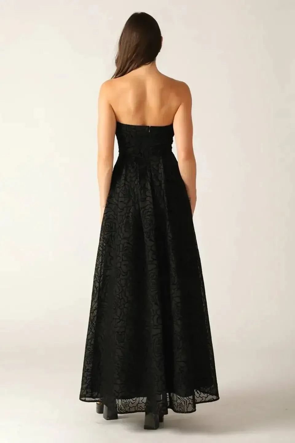 Chic A-Line Strapless Sleeveless Solid Back Floor-Length Textured Formal Dresses