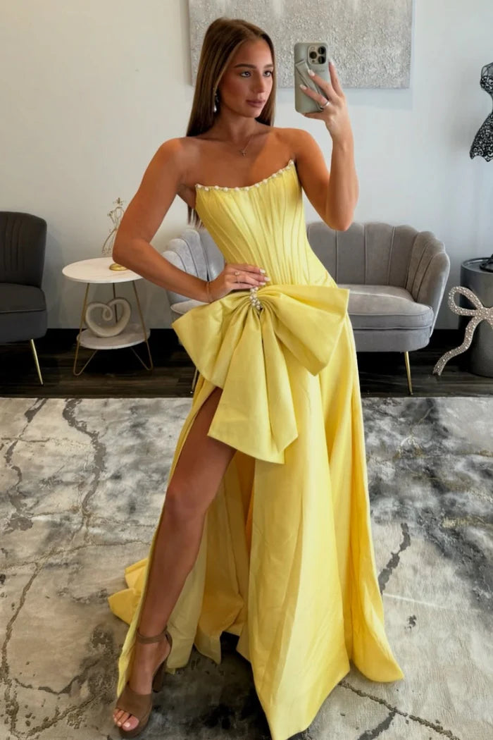 Chic A-Line Strapless Sleeveless Zipper Back High-Low Prom Dresses