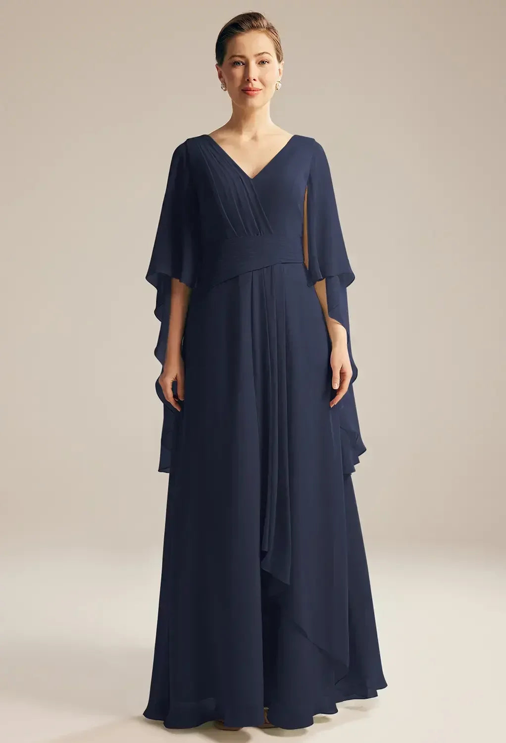 Chic A-Line V-Neck Cape Sleeve Zip Back Floor-Length Mother Of The Bride Dresses