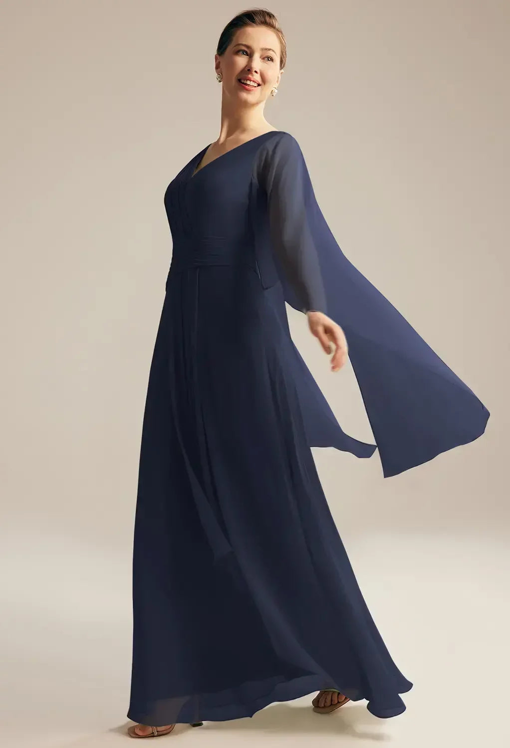 Chic A-Line V-Neck Cape Sleeve Zip Back Floor-Length Mother Of The Bride Dresses