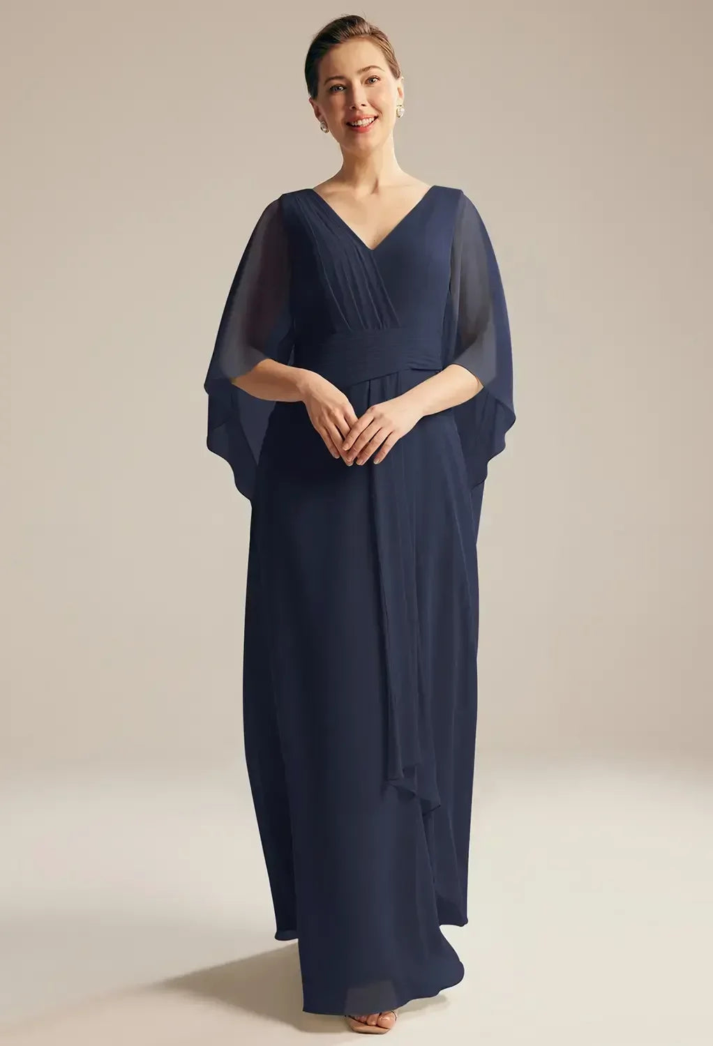 Chic A-Line V-Neck Cape Sleeve Zip Back Floor-Length Mother Of The Bride Dresses