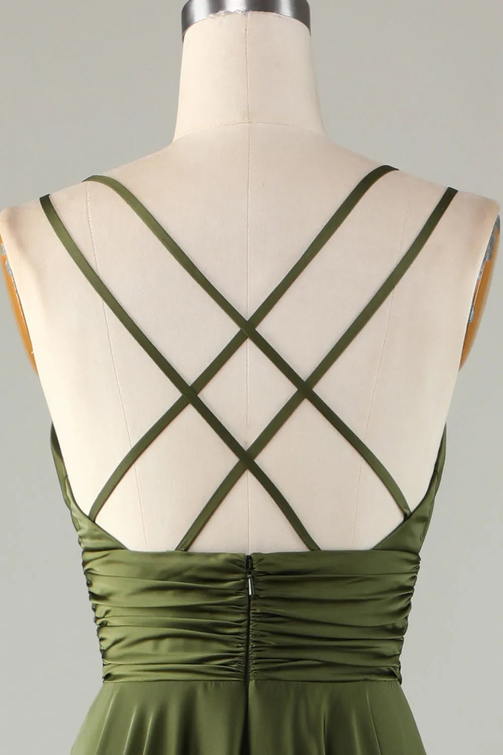 Chic A-Line V-Neck Cross Strap Ruched Back Floor-Length Bridesmaid Dresses