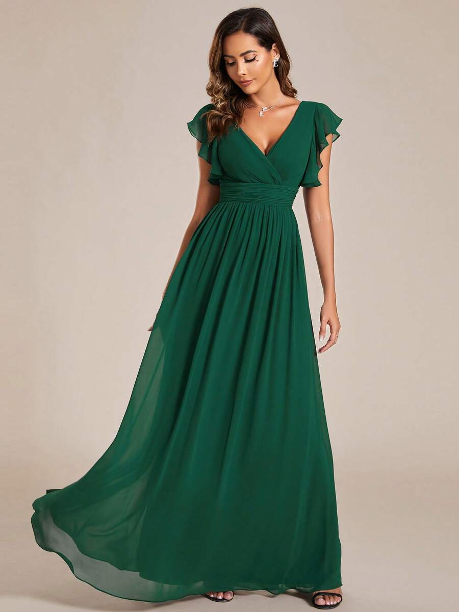 Chic A-Line V-Neck Flutter-Sleeve Cutout-Back Floor-Length Evening Dresses