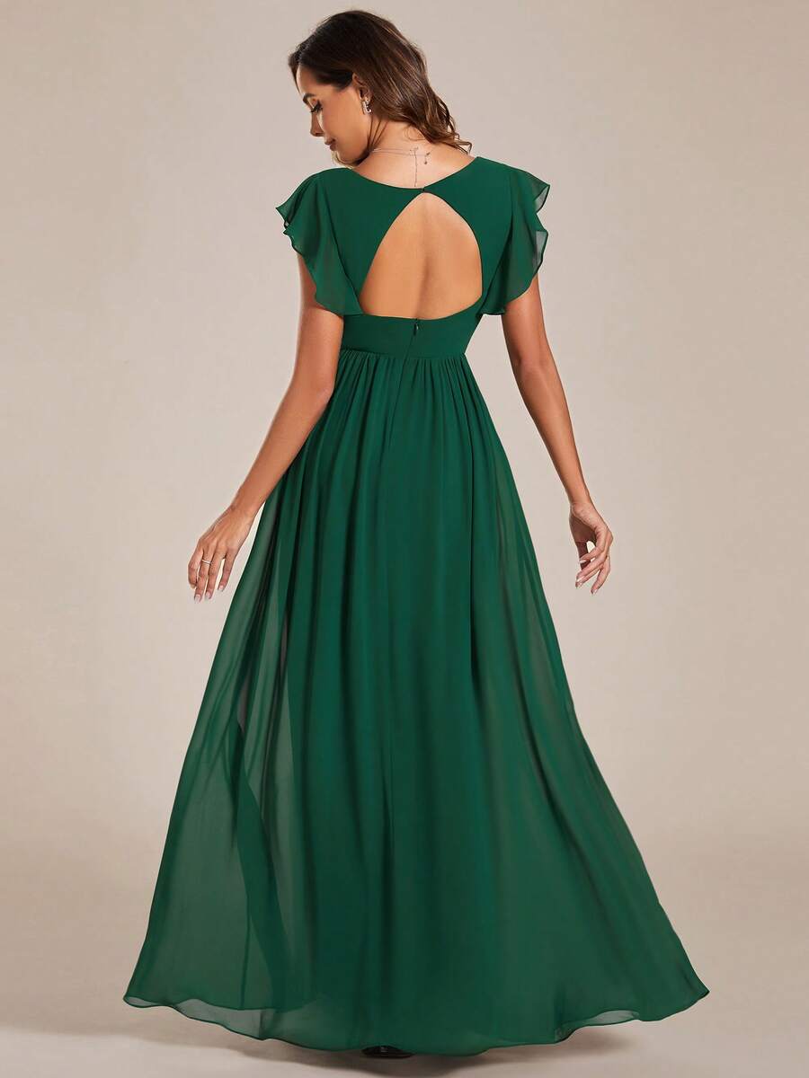 Chic A-Line V-Neck Flutter-Sleeve Cutout-Back Floor-Length Evening Dresses
